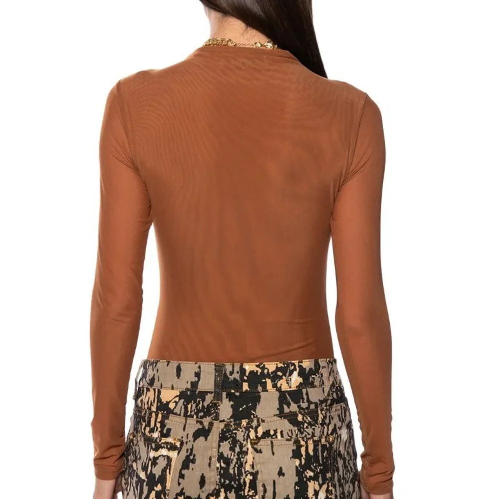 Plus Size Callie Sexy Mesh Long Sleeve Almond Brown Bodysuit 1X M - Picture 4 of 4